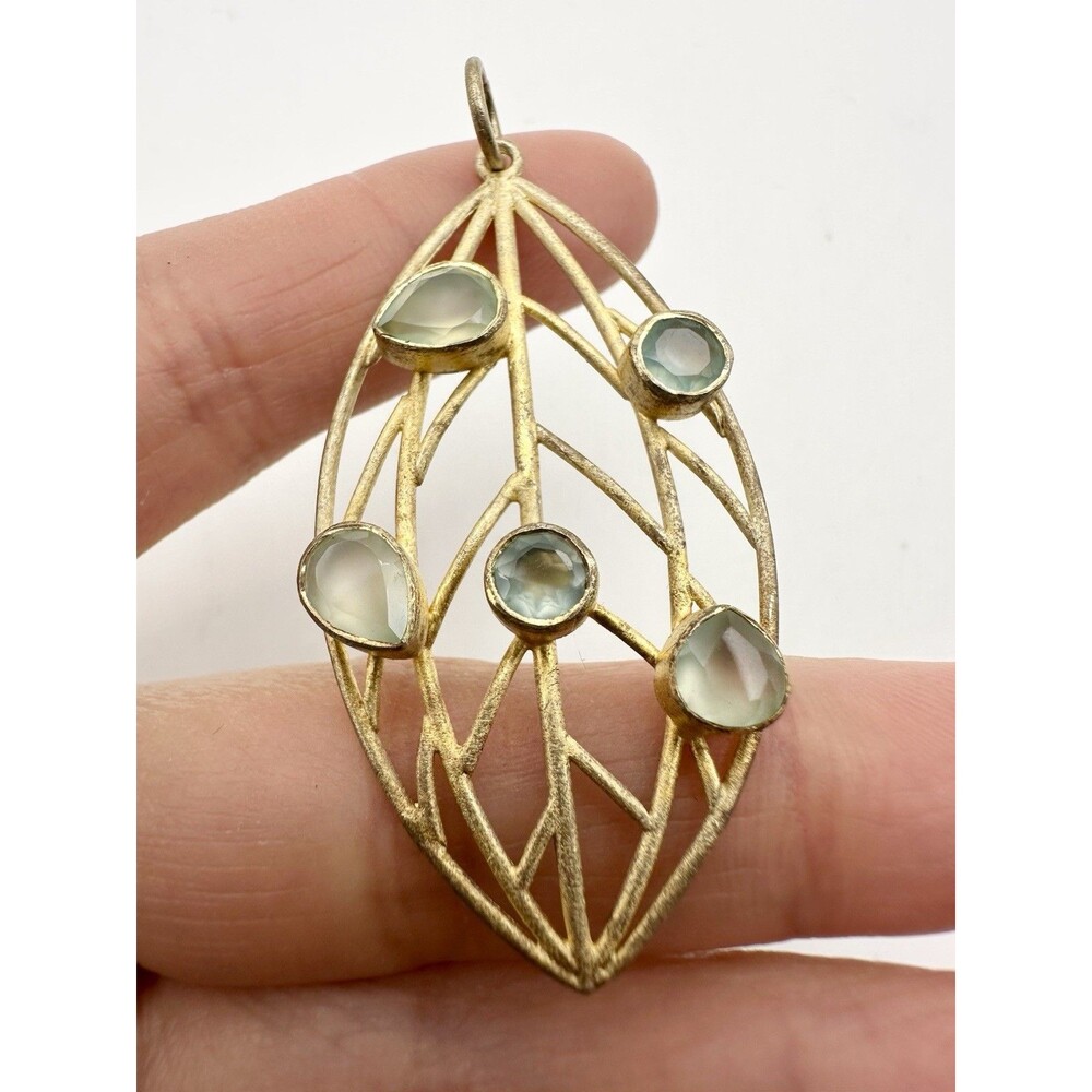 925 Sterling Silver Gold Vermeil Aqua Chalcedony Leaf Pendant